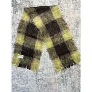 VTG Mohair Wool Scarf Plaid Green Brown 90s Warm Cozy Natural Grandpa Academia